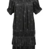 Black floral print plissé polyester satin Nora tiered mini dress with waist ties