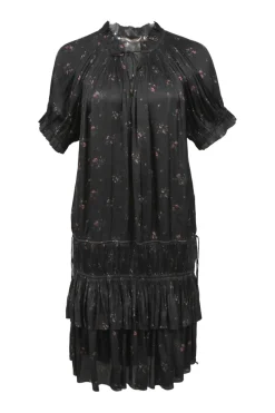 Black floral print plissé polyester satin Nora tiered mini dress with waist ties