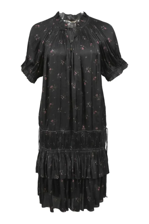 Black floral print plissé polyester satin Nora tiered mini dress with waist ties