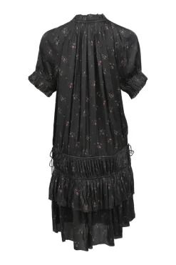 Black floral print plissé polyester satin Nora tiered mini dress with waist ties