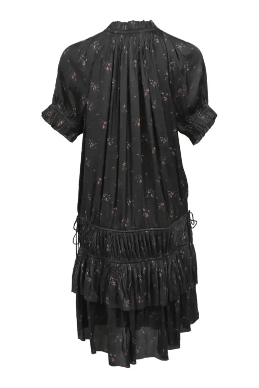 Black floral print plissé polyester satin Nora tiered mini dress with waist ties
