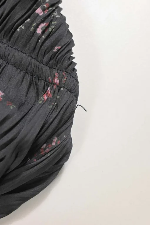 Black floral print plissé polyester satin Nora tiered mini dress with waist ties