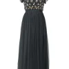 Black floral-embellished tulle clip jacquard peek-a-boo midi A-line dress with flutter sleeves and gathered neckline