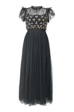 Black floral-embellished tulle clip jacquard peek-a-boo midi A-line dress with flutter sleeves and gathered neckline