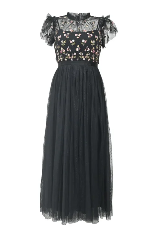 Black floral-embellished tulle clip jacquard peek-a-boo midi A-line dress with flutter sleeves and gathered neckline