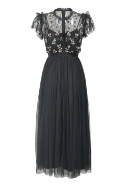 Black floral-embellished tulle clip jacquard peek-a-boo midi A-line dress with flutter sleeves and gathered neckline