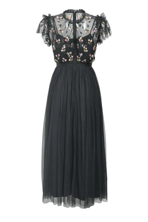 Black floral-embellished tulle clip jacquard peek-a-boo midi A-line dress with flutter sleeves and gathered neckline
