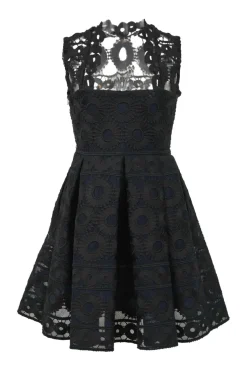 Black floral-embroidered polyester tulle peek-a-boo mini skater dress