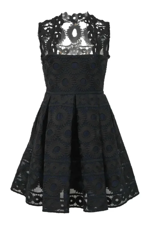 Black floral-embroidered polyester tulle peek-a-boo mini skater dress