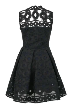 Black floral-embroidered polyester tulle peek-a-boo mini skater dress