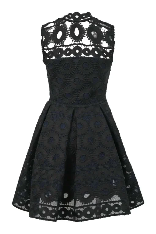 Black floral-embroidered polyester tulle peek-a-boo mini skater dress