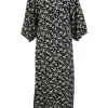 Black floral-print viscose band collar half-button dolman sleeve shirtdress with puff sleeves