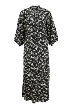 Black floral-print viscose band collar half-button dolman sleeve shirtdress with puff sleeves