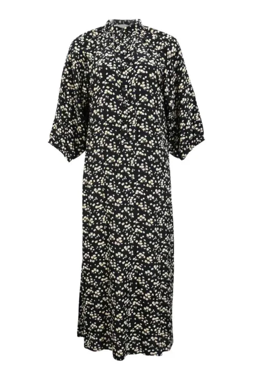Black floral-print viscose band collar half-button dolman sleeve shirtdress with puff sleeves