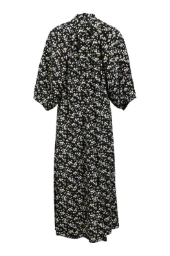 Black floral-print viscose band collar half-button dolman sleeve shirtdress with puff sleeves