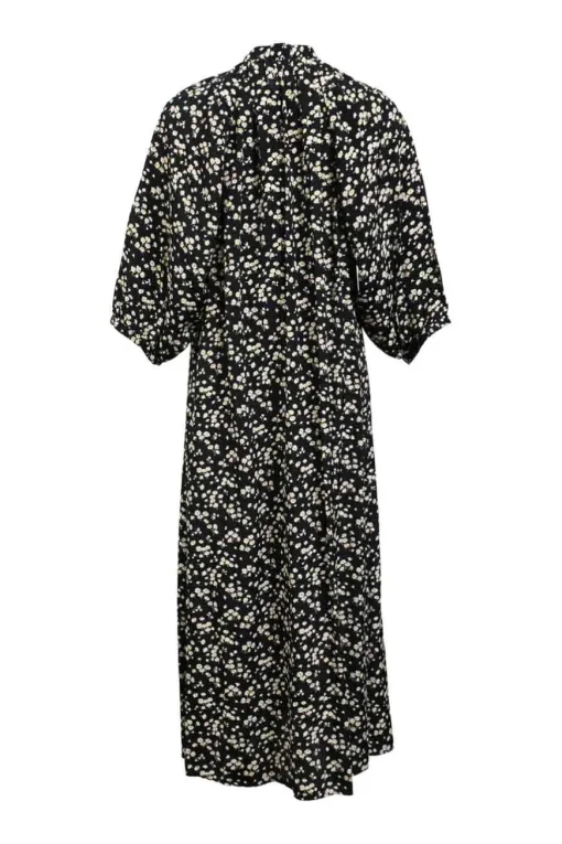 Black floral-print viscose band collar half-button dolman sleeve shirtdress with puff sleeves