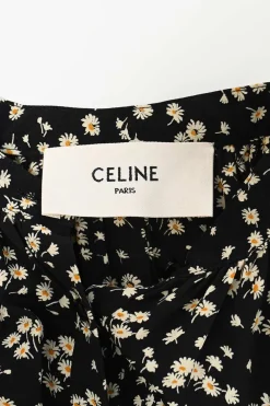 Black floral-print viscose band collar half-button dolman sleeve shirtdress with puff sleeves