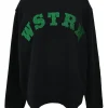 Black French terry crewneck pullover sweatshirt with glitter flocking detail