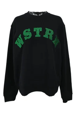 Black French terry crewneck pullover sweatshirt with glitter flocking detail