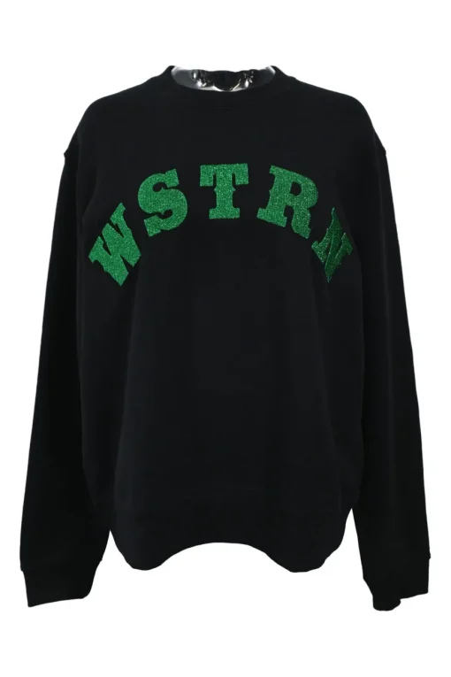 Black French terry crewneck pullover sweatshirt with glitter flocking detail