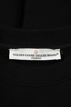 Black French terry crewneck pullover sweatshirt with glitter flocking detail