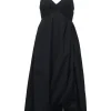 Black gathered plunge neck empire-waist bubble slip dress with adjustable straps and cutout back