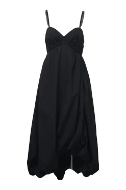 Black gathered plunge neck empire-waist bubble slip dress with adjustable straps and cutout back