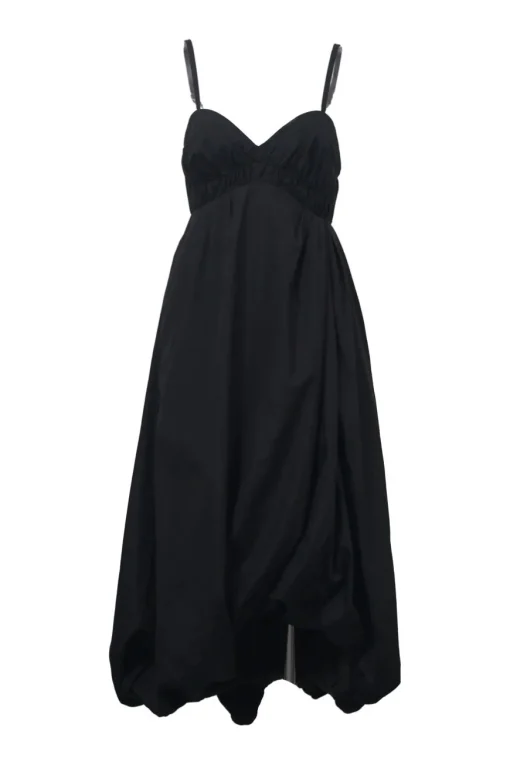 Black gathered plunge neck empire-waist bubble slip dress with adjustable straps and cutout back