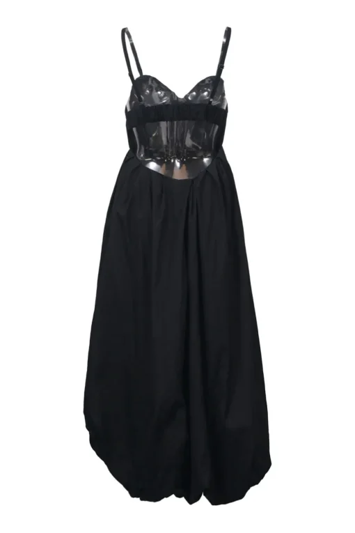 Black gathered plunge neck empire-waist bubble slip dress with adjustable straps and cutout back