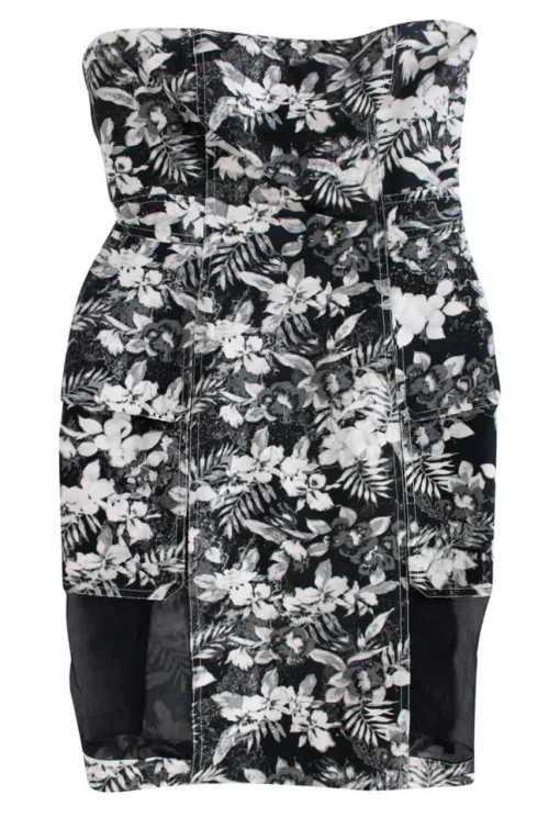 Black, grey and white floral patterned sleeveless mini dress