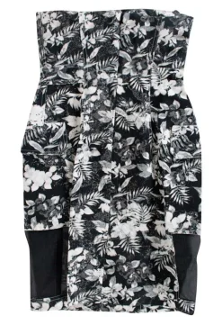 Black, grey and white floral patterned sleeveless mini dress