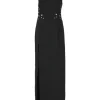 Black grommet-embellished viscose-blend racerback slit gown with strappy cutout back