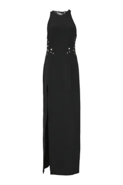 Black grommet-embellished viscose-blend racerback slit gown with strappy cutout back