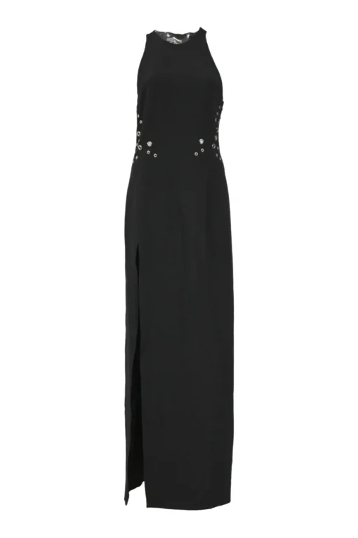 Black grommet-embellished viscose-blend racerback slit gown with strappy cutout back
