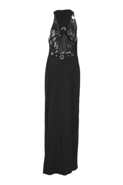 Black grommet-embellished viscose-blend racerback slit gown with strappy cutout back