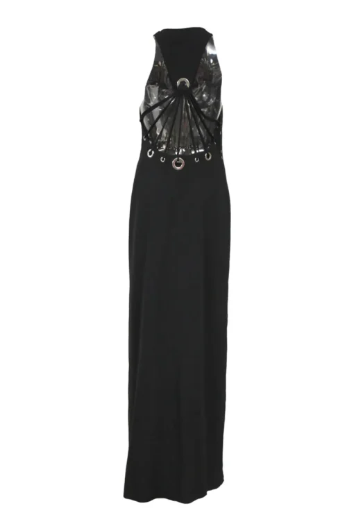 Black grommet-embellished viscose-blend racerback slit gown with strappy cutout back