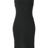 Black interlock jersey knit slit-back sleeveless sheath dress