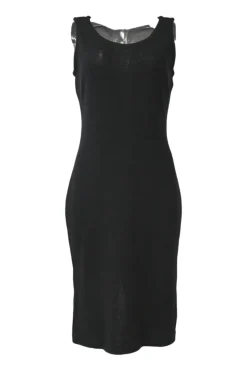 Black interlock jersey knit slit-back sleeveless sheath dress