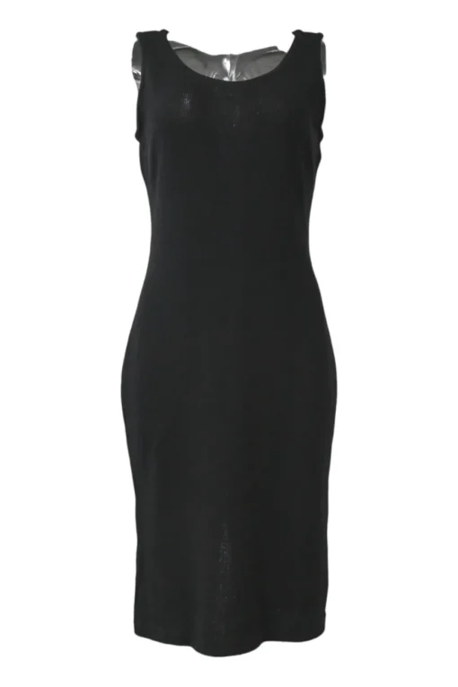 Black interlock jersey knit slit-back sleeveless sheath dress