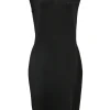 Black interlock jersey knit sleeveless midi-dress with gathered V-neck and ruffle hem