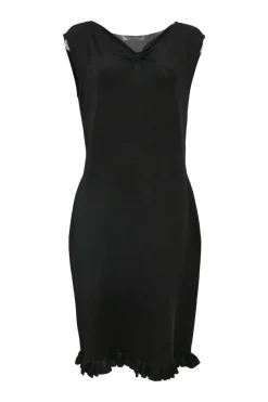 Black interlock jersey knit sleeveless midi-dress with gathered V-neck and ruffle hem