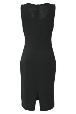Black interlock jersey knit slit-back sleeveless sheath dress
