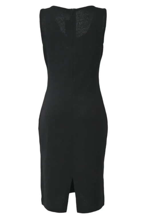 Black interlock jersey knit slit-back sleeveless sheath dress