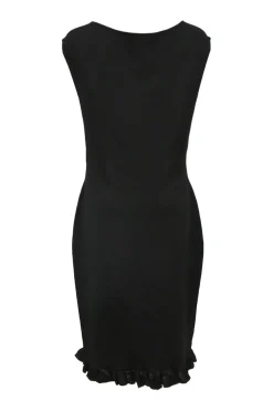 Black interlock jersey knit sleeveless midi-dress with gathered V-neck and ruffle hem