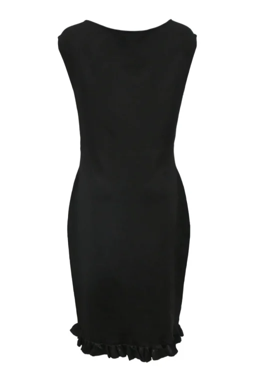Black interlock jersey knit sleeveless midi-dress with gathered V-neck and ruffle hem