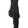 Black lace-trimmed bias-cut paneled polyester-blend asymmetric plunge neck slip dress