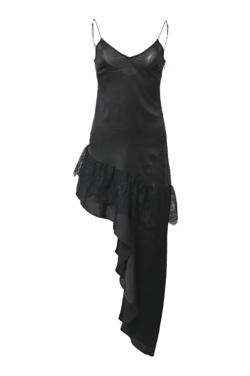 Black lace-trimmed bias-cut paneled polyester-blend asymmetric plunge neck slip dress