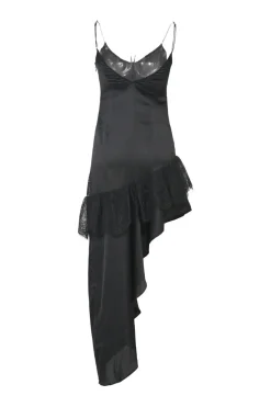 Black lace-trimmed bias-cut paneled polyester-blend asymmetric plunge neck slip dress