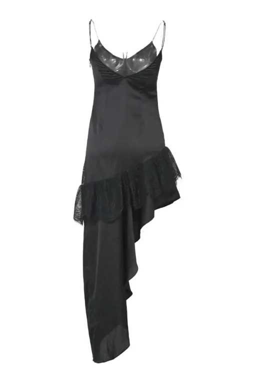 Black lace-trimmed bias-cut paneled polyester-blend asymmetric plunge neck slip dress