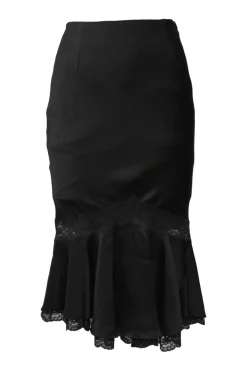 Black lace-trimmed silk godet slip skirt